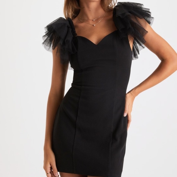 Lulus Seriously Fabulous Black Tulle Flutter Sleeve Bodycon Mini Dress - Size S - Picture 1 of 3